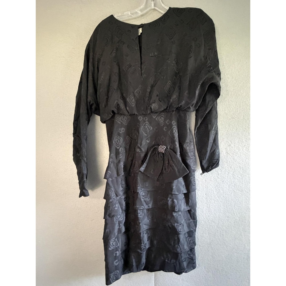 Vtg Oleg Cassini Dress Womens 10 Black Silk Blouson Dolman Bow Tiered old money